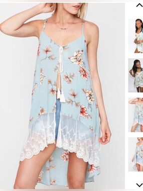 Hayden mint green floral lace trimmed open front tank dress top swimsuit coverup